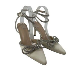 Wedding Heels Diamond Bow Off White Satin Wrap Around Ankle Pointed Toe SZ 9.5